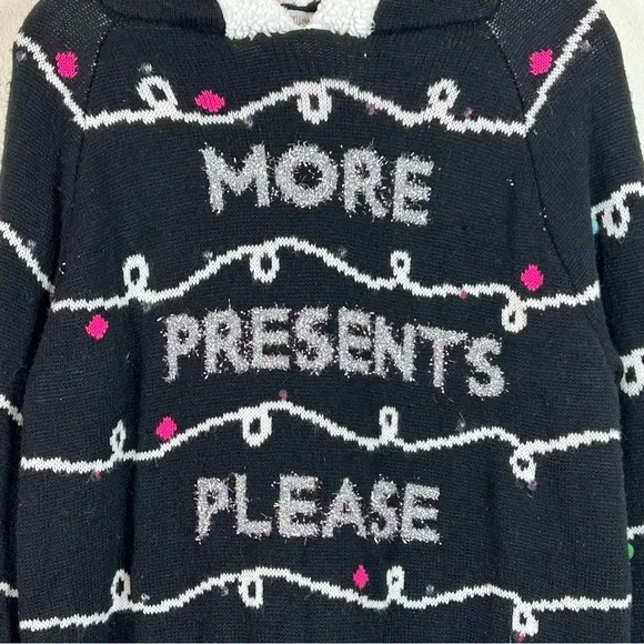 Christmas Sweater Hoodie Knit Sherpa Silver Lettering Pom Poms - Picture 4 of 14